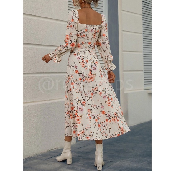 Floral Dress Square Neck Fit & Flare Maxi Long Sleeve Leg Slit Front Ties Beige - Picture 4 of 10